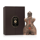 Bronzen riddervormige fles en doos van Lattafa Pride Toleen parfum product